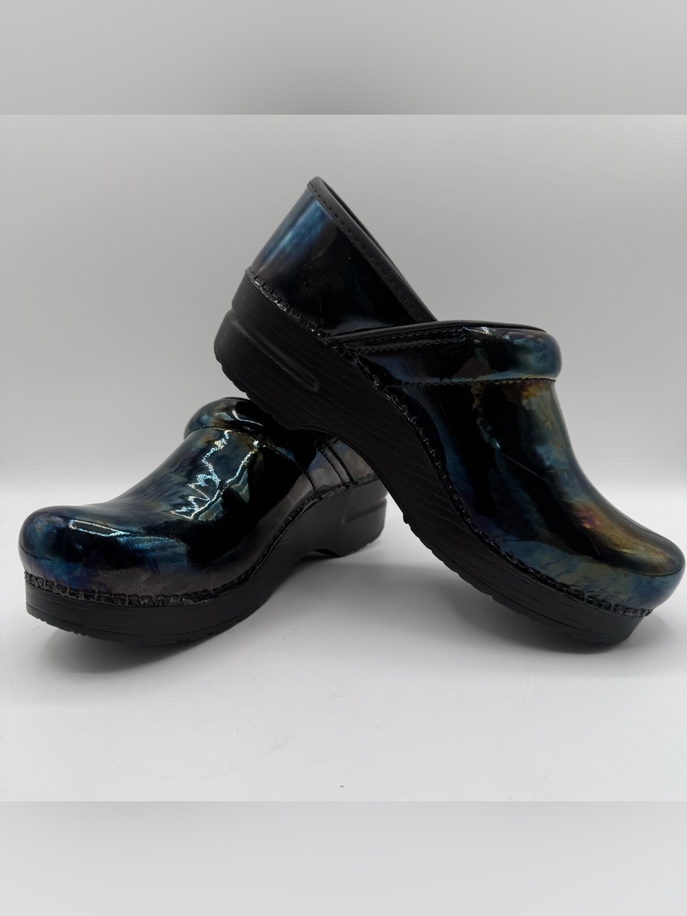 Dansko Professional Clogs In A Petrol Patent Color-way Sz 38.  7.5-8 Iridescent